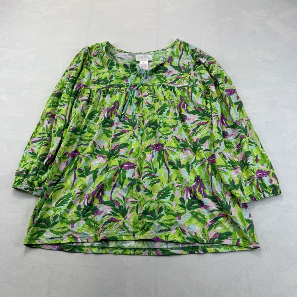 Stella Parker Collection Womens Small Green Floral 3/4 Sleeve Cotton Blend Top